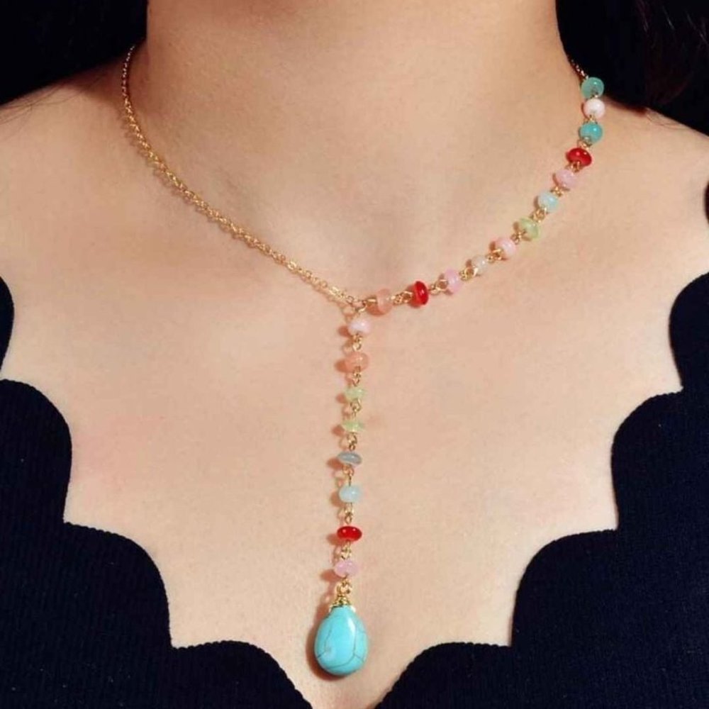 Colorful Beaded Necklace with Turquoise Pendant - Picture 2 of 2